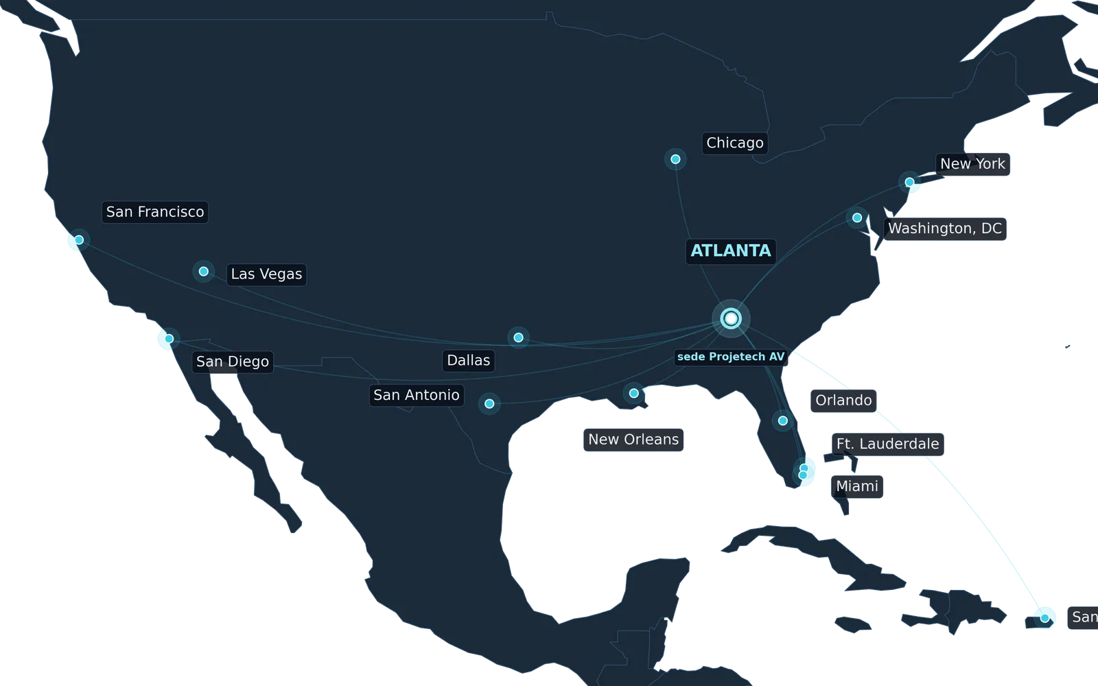 Mapa dos Estados Unidos com as cidades atendidas pela Projetech AV