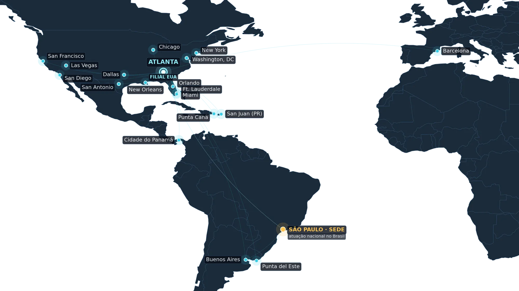 Mapa-múndi com as cidades onde a Projetech já realizou eventos